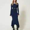 Robes De Cérémonie | Robes Élégantes*TWINSET Milano Robe Midi En Maille Avec Ceinture Et Volant Indigo