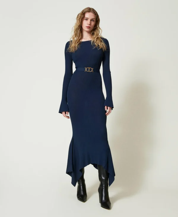 Robes De Cérémonie | Robes Élégantes*TWINSET Milano Robe Midi En Maille Avec Ceinture Et Volant Indigo