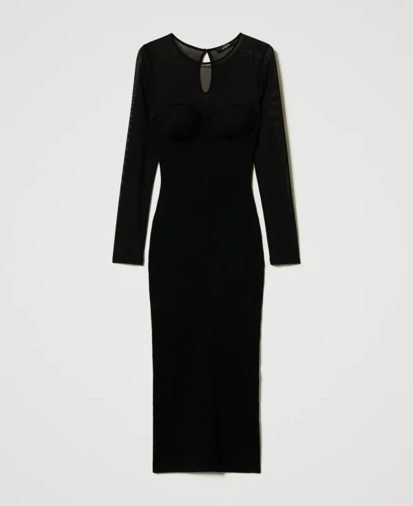 robe_midi_en_maille_avec__1-2.webp Robes Élégantes | Robes En Maille*TWINSET Milano Robe Midi En Maille Avec Tulle Noir