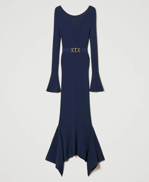Robes De Cérémonie | Robes Élégantes*TWINSET Milano Robe Midi En Maille Avec Ceinture Et Volant Indigo