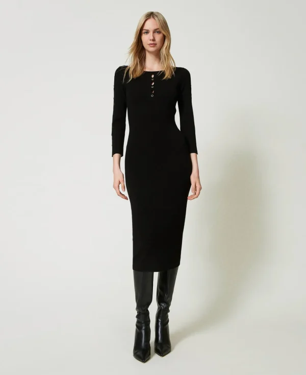 Robes En Maille | Robes Midi*TWINSET Milano Robe Midi En Maille Avec Ajours Et Clous Noir