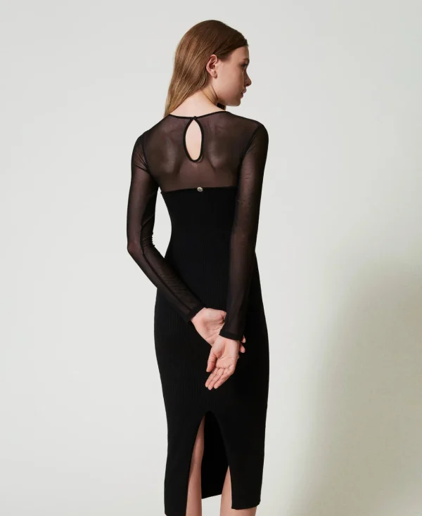 robe_midi_en_maille_avec__3-2.webp Robes Élégantes | Robes En Maille*TWINSET Milano Robe Midi En Maille Avec Tulle Noir