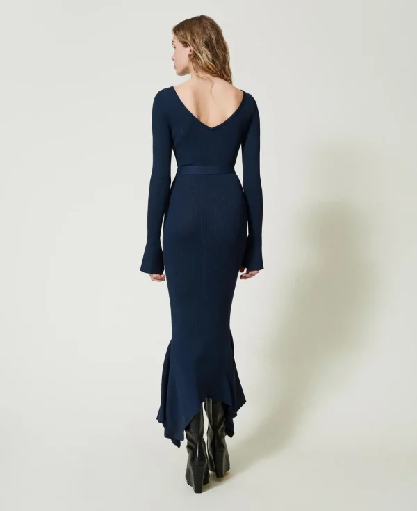 Robes De Cérémonie | Robes Élégantes*TWINSET Milano Robe Midi En Maille Avec Ceinture Et Volant Indigo