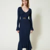 Robes De Cérémonie | Robes Élégantes*TWINSET Milano Robe Midi En Maille Avec Ceinture Et Volant Indigo