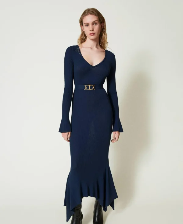 Robes De Cérémonie | Robes Élégantes*TWINSET Milano Robe Midi En Maille Avec Ceinture Et Volant Indigo