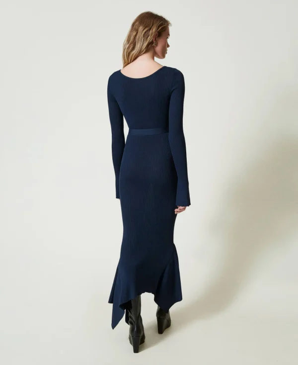 Robes De Cérémonie | Robes Élégantes*TWINSET Milano Robe Midi En Maille Avec Ceinture Et Volant Indigo