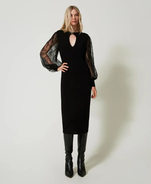 Robes De Cérémonie | Robes Élégantes*TWINSET Milano Robe Midi En Maille Et Dentelle Noir