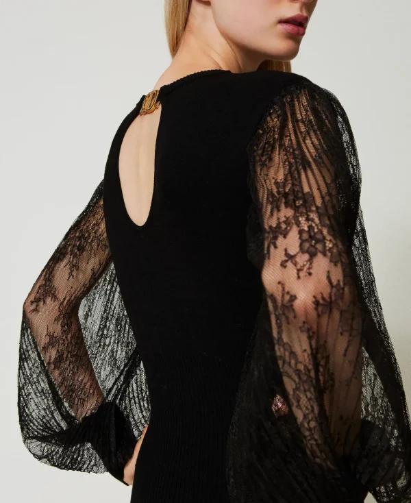 Robes De Cérémonie | Robes Élégantes*TWINSET Milano Robe Midi En Maille Et Dentelle Noir