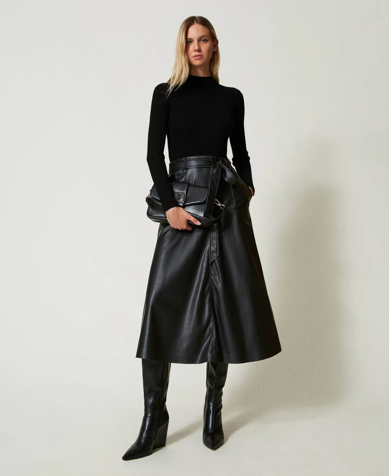 Robes En Maille | Robes Midi*TWINSET Milano Robe Midi En Maille Et Tissu Enduit Noir