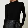robe_midi_en_maille_et_ti_4.webp Robes En Maille | Robes Midi*TWINSET Milano Robe Midi En Maille Et Tissu Enduit Noir