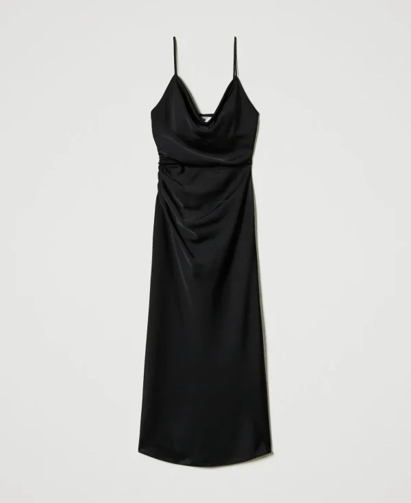 robe_midi_en_satin_avec_d_1.webp Robes De Cérémonie | Robes Midi*TWINSET Milano Robe Midi En Satin Avec Drapé Noir
