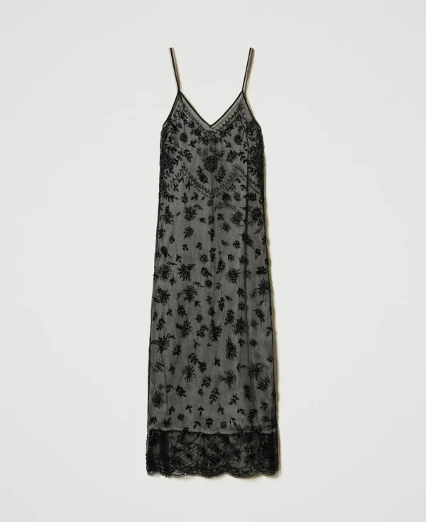Robes De Cérémonie | Robes Élégantes*TWINSET Milano Robe Midi En Tulle Avec Broderie Réalisée à La Main Noir