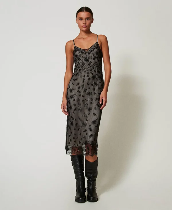 Robes De Cérémonie | Robes Élégantes*TWINSET Milano Robe Midi En Tulle Avec Broderie Réalisée à La Main Noir