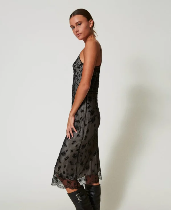 Robes De Cérémonie | Robes Élégantes*TWINSET Milano Robe Midi En Tulle Avec Broderie Réalisée à La Main Noir