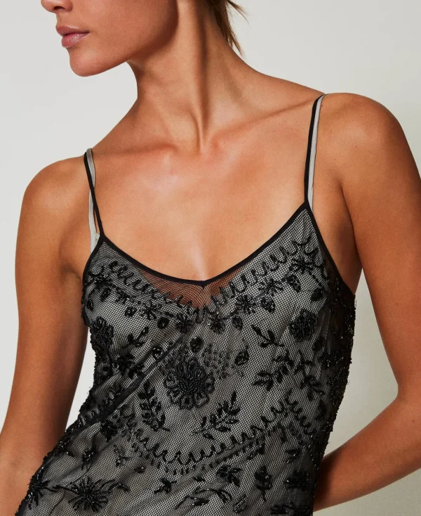 Robes De Cérémonie | Robes Élégantes*TWINSET Milano Robe Midi En Tulle Avec Broderie Réalisée à La Main Noir
