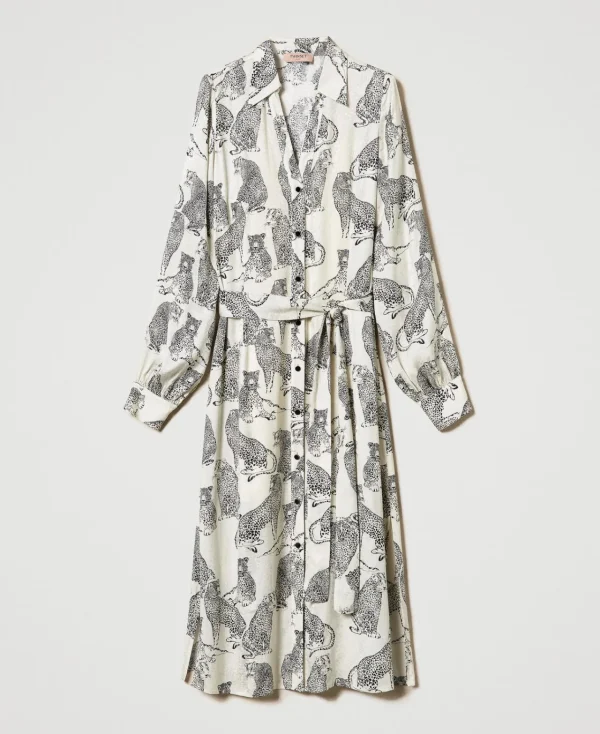 Robes De Cérémonie | Robes Midi*TWINSET Milano Robe Midi Jacquard Avec Imprimé Jaguar Imprimé Jaguars Noir/Blanc Neige