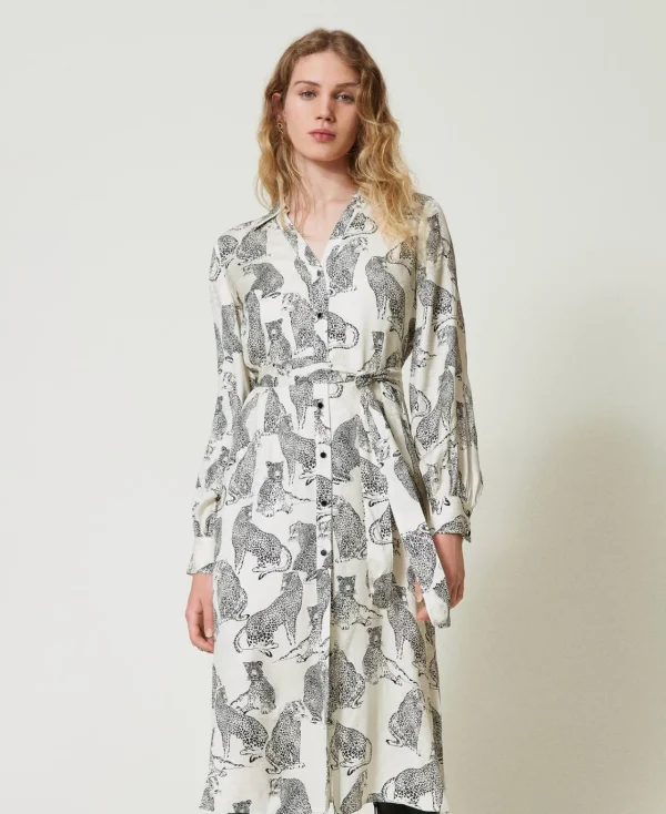 Robes De Cérémonie | Robes Midi*TWINSET Milano Robe Midi Jacquard Avec Imprimé Jaguar Imprimé Jaguars Noir/Blanc Neige