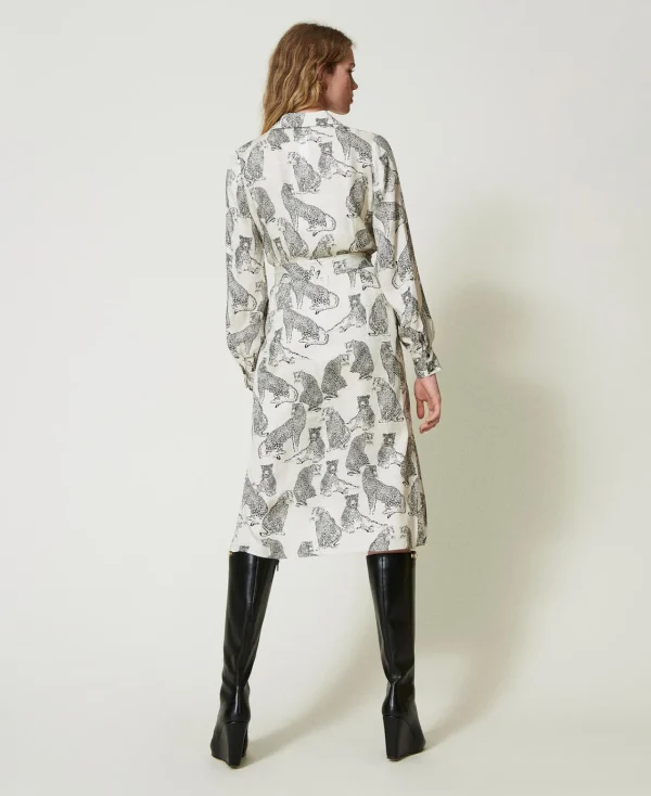Robes De Cérémonie | Robes Midi*TWINSET Milano Robe Midi Jacquard Avec Imprimé Jaguar Imprimé Jaguars Noir/Blanc Neige