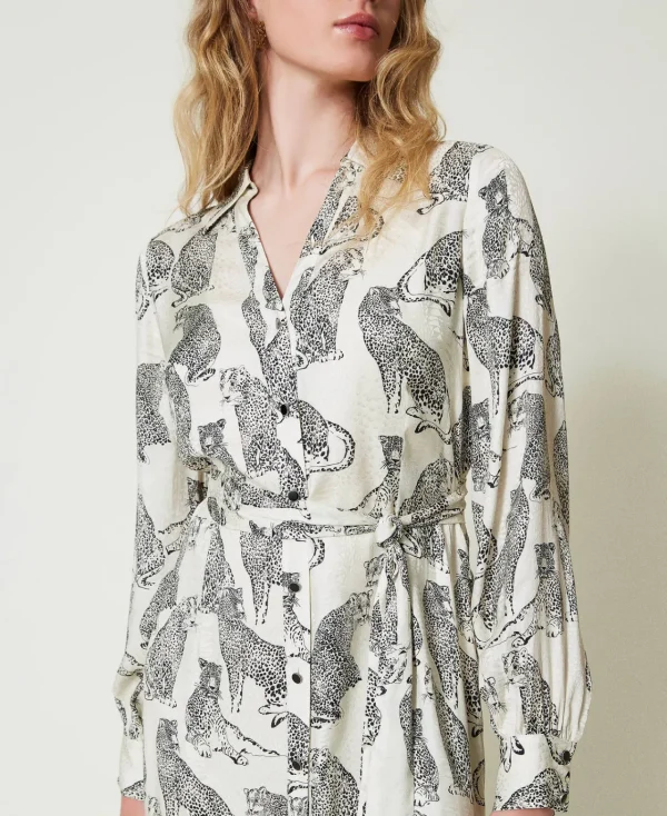 Robes De Cérémonie | Robes Midi*TWINSET Milano Robe Midi Jacquard Avec Imprimé Jaguar Imprimé Jaguars Noir/Blanc Neige