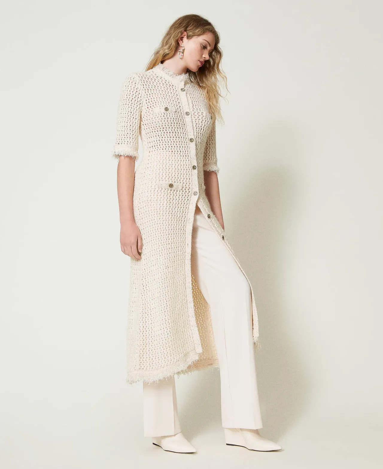 Pulls Et Cardigans | Robes De Cérémonie*TWINSET Milano Robe-cardigan En Maille Jacquard Point Filet Blanc « Old White »