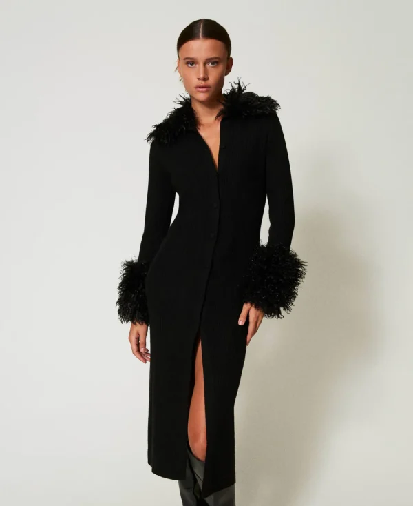 Pulls Et Cardigans | Robes De Cérémonie*TWINSET Milano Robe-cardigan Longue En Laine Mélangée Et Fausse Fourrure Noir