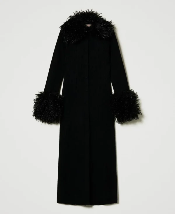 Pulls Et Cardigans | Robes De Cérémonie*TWINSET Milano Robe-cardigan Longue En Laine Mélangée Et Fausse Fourrure Noir