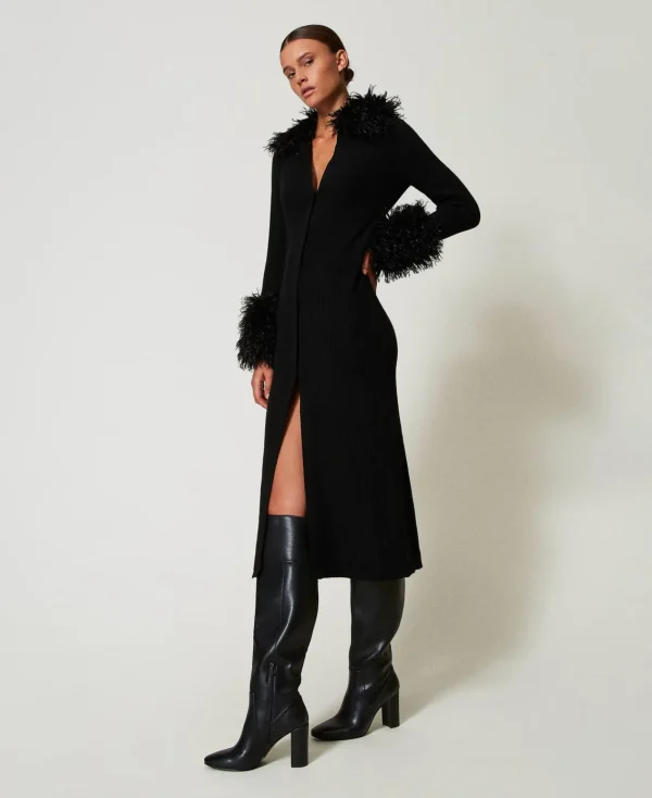 Pulls Et Cardigans | Robes De Cérémonie*TWINSET Milano Robe-cardigan Longue En Laine Mélangée Et Fausse Fourrure Noir