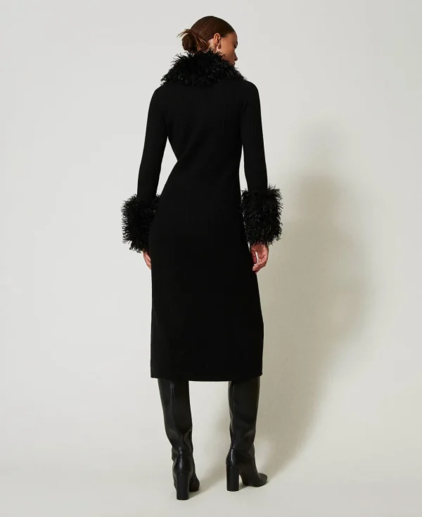 Pulls Et Cardigans | Robes De Cérémonie*TWINSET Milano Robe-cardigan Longue En Laine Mélangée Et Fausse Fourrure Noir
