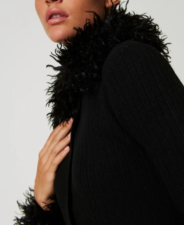 Pulls Et Cardigans | Robes De Cérémonie*TWINSET Milano Robe-cardigan Longue En Laine Mélangée Et Fausse Fourrure Noir