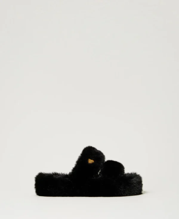 Escarpins Et Sandales | Chaussures Plates*TWINSET Milano Sandales Slides En Fausse Fourrure Noir