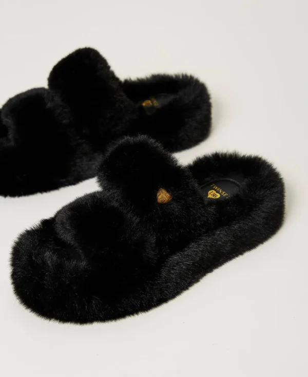 Escarpins Et Sandales | Chaussures Plates*TWINSET Milano Sandales Slides En Fausse Fourrure Noir