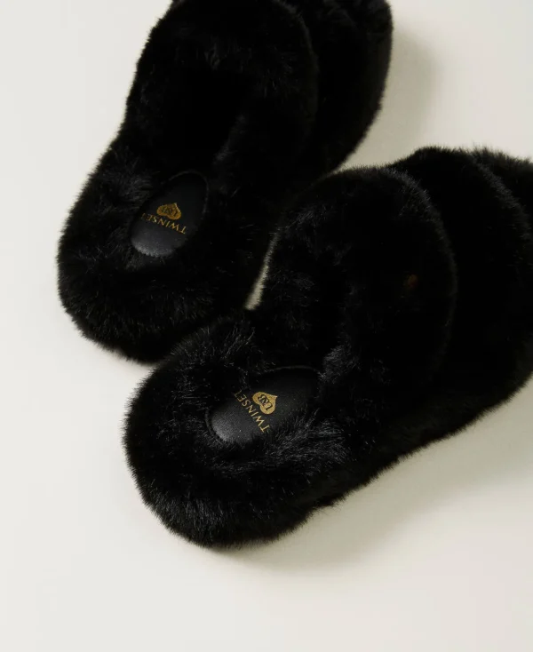 Escarpins Et Sandales | Chaussures Plates*TWINSET Milano Sandales Slides En Fausse Fourrure Noir