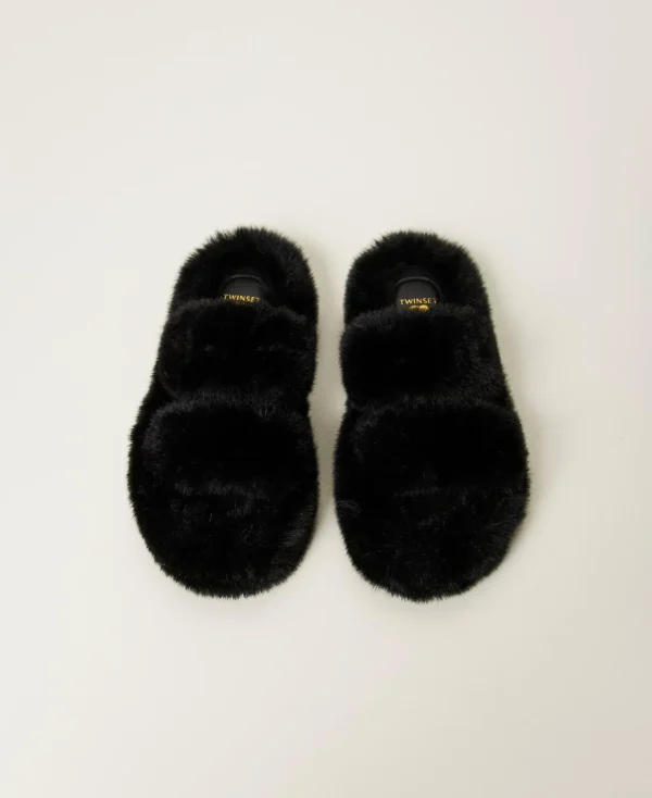 Escarpins Et Sandales | Chaussures Plates*TWINSET Milano Sandales Slides En Fausse Fourrure Noir