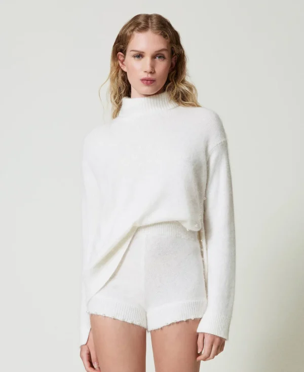 Shorts*TWINSET Milano Short En Maille D’angora Mélangé Avec Perles Blanc Neige
