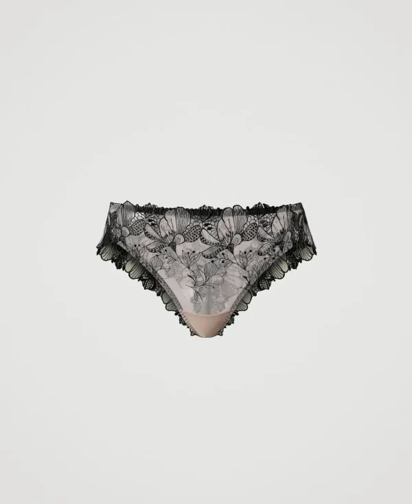 slip_brsilien_en_tulle_br_1.webp Sous-Vêtements Et Vêtements De Nuit*TWINSET Milano Slip Brésilien En Tulle Brodé Bicolore Wonder Beige/Noir