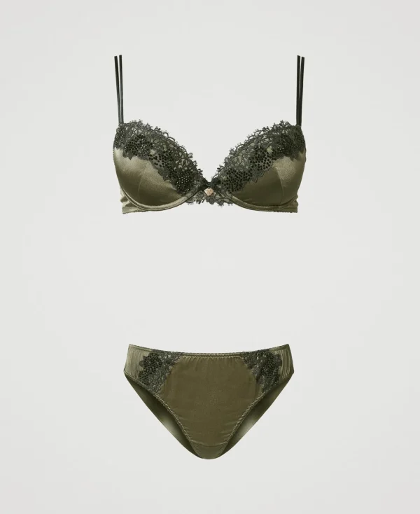 Sous-Vêtements Et Vêtements De Nuit*TWINSET Milano Soutien-gorge Push-up Et Slip Brésilien En Soie Bicolore Green Moss/Blackout