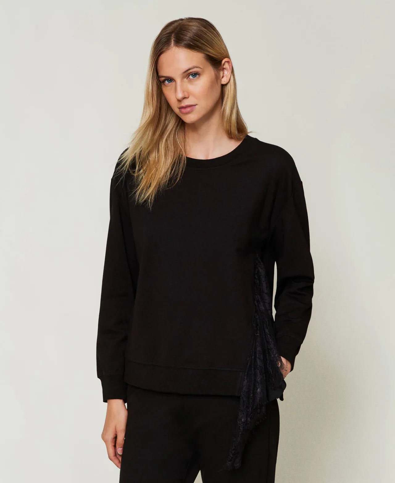 Sweat-Shirts*TWINSET Milano Sweat-shirt Avec Insertion Plissée Et Dentelle Noir