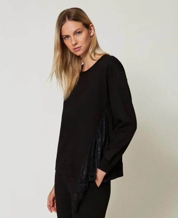 Sweat-Shirts*TWINSET Milano Sweat-shirt Avec Insertion Plissée Et Dentelle Noir