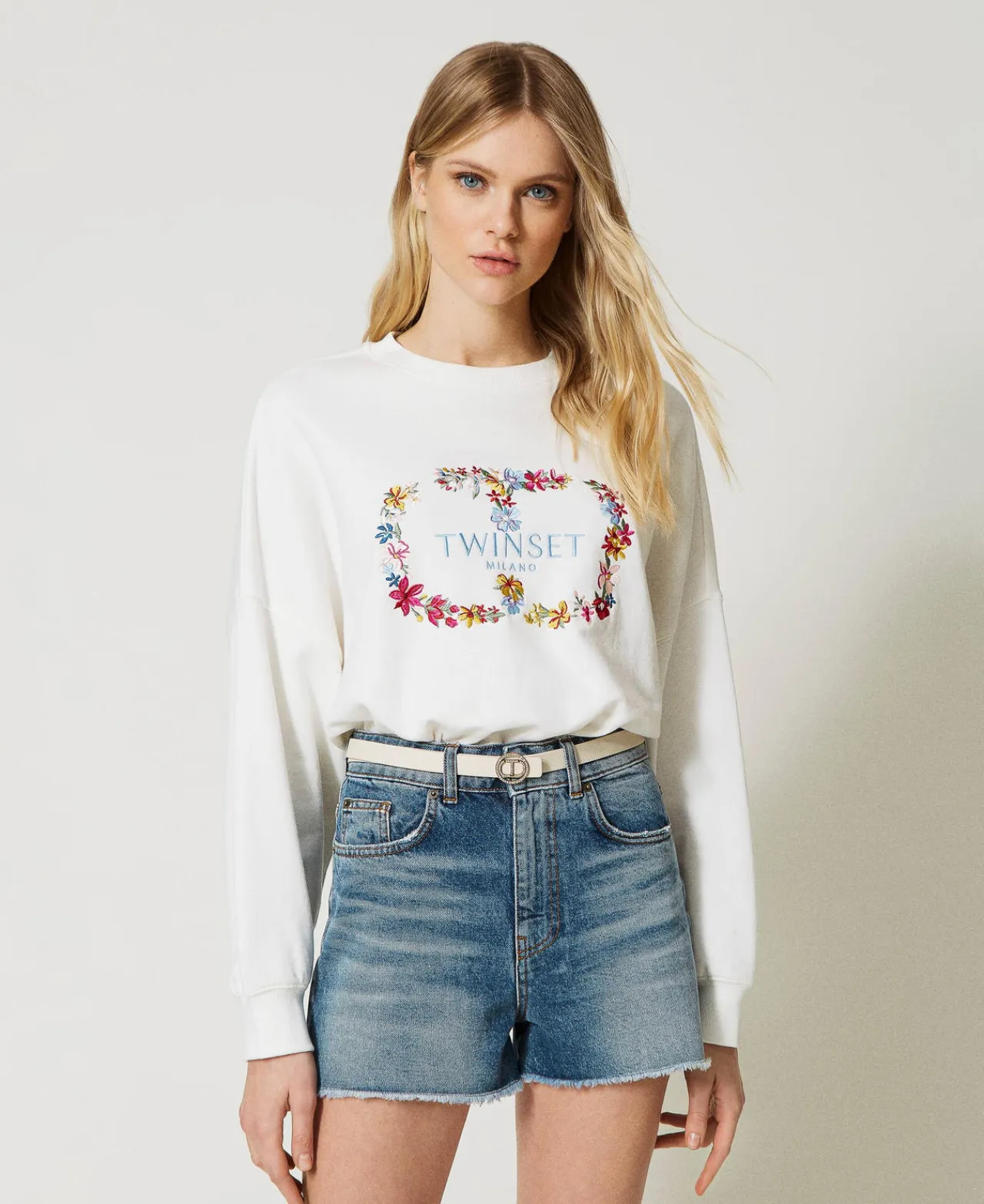 Sweat-Shirts*TWINSET Milano Sweat-shirt Avec Logo Oval T Floral Blanc Antique White
