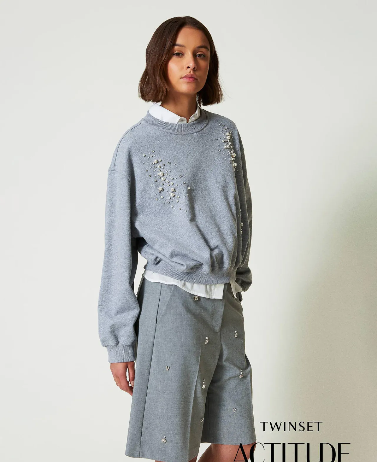 Sweat-Shirts*TWINSET Milano Sweat-shirt Boxy Avec Broderie Réalisée à La Main Gris Chiné
