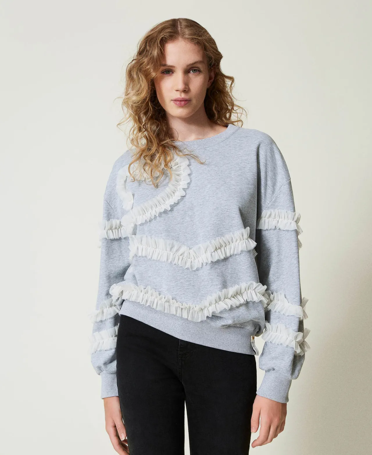 Sweat-Shirts*TWINSET Milano Sweat-shirt Chiné Avec Volants En Tulle Bicolore Gris Chiné Moyen/Nacre