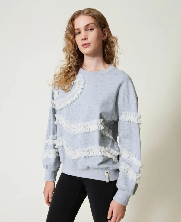 Sweat-Shirts*TWINSET Milano Sweat-shirt Chiné Avec Volants En Tulle Bicolore Gris Chiné Moyen/Nacre