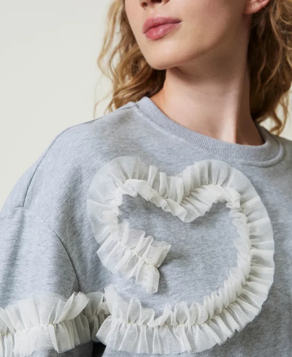 Sweat-Shirts*TWINSET Milano Sweat-shirt Chiné Avec Volants En Tulle Bicolore Gris Chiné Moyen/Nacre