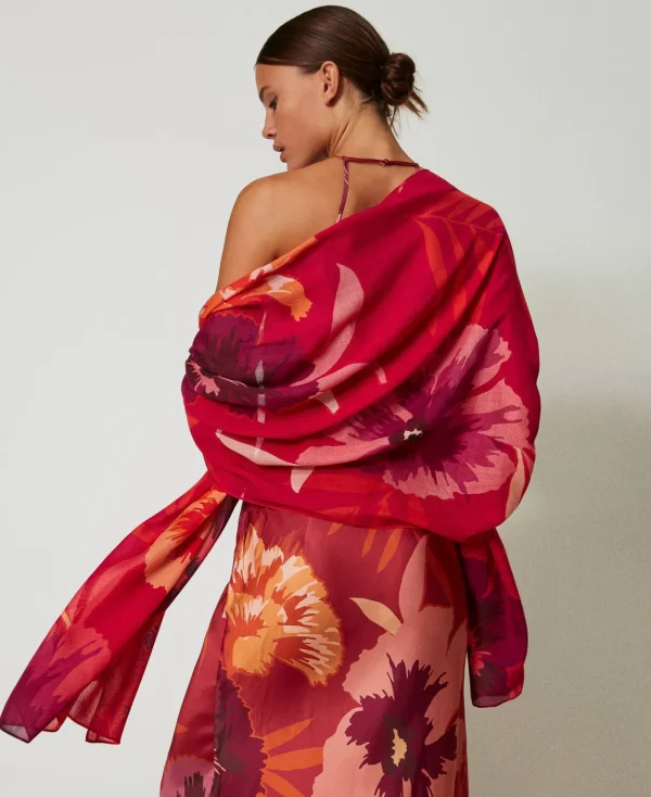 tole_avec_imprim_floral_1.webp Écharpes*TWINSET Milano Étole Avec Imprimé Floral Grandes Fleurs Rouge/Red Plum