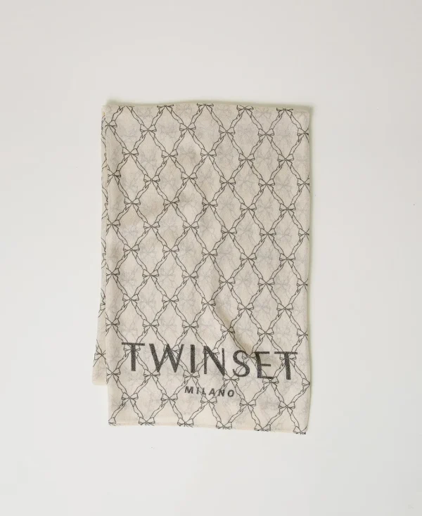 tole_avec_imprim_nuds_et__0.webp Écharpes*TWINSET Milano Étole Avec Imprimé Nœuds Et Logo Imprimé Nœuds Blanc « White Cream »/Noir