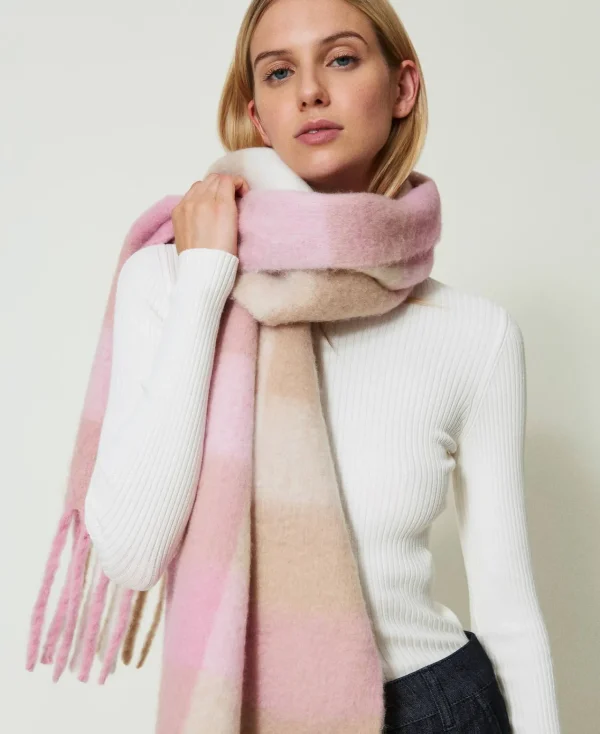 tole_en_drap_jacquard_1.webp Écharpes*TWINSET Milano Étole En Drap Jacquard Multicolore Carreau Les Beiges/Rose « Prism Pink »