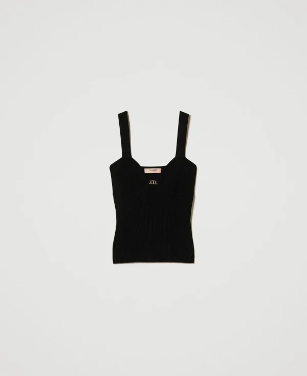 top_ajust_en_maille_avec__1-1.webp T-Shirts Et Tops*TWINSET Milano Top Ajusté En Maille Avec Logo Oval T Noir