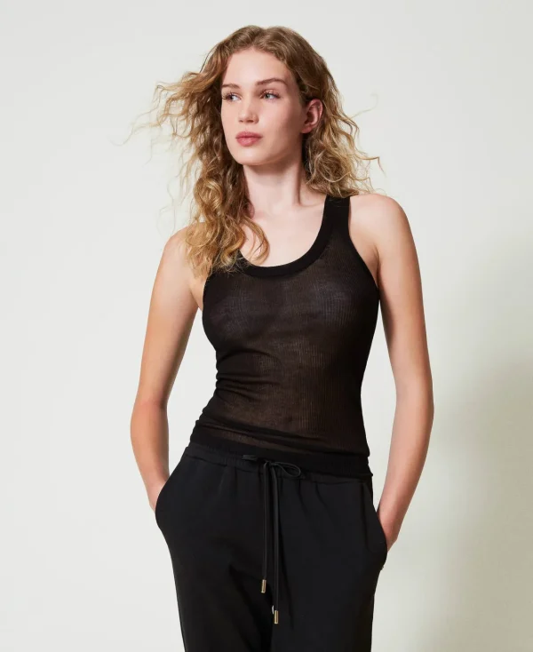 top_ajust_en_maille_de_vi_0.webp T-Shirts Et Tops*TWINSET Milano Top Ajusté En Maille De Viscose Noir