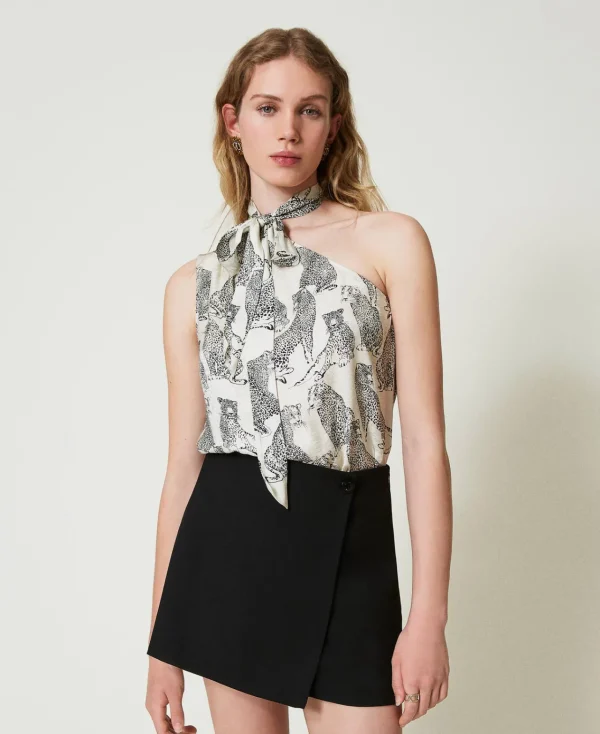 T-Shirts Et Tops*TWINSET Milano Top Asymétrique Jacquard Avec Imprimé Jaguar Imprimé Jaguars Noir/Blanc Neige
