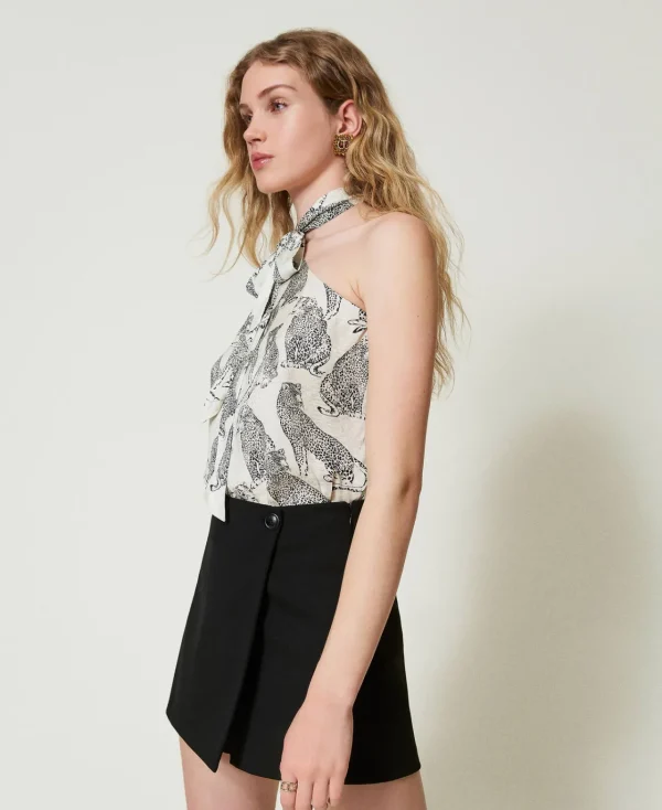 T-Shirts Et Tops*TWINSET Milano Top Asymétrique Jacquard Avec Imprimé Jaguar Imprimé Jaguars Noir/Blanc Neige